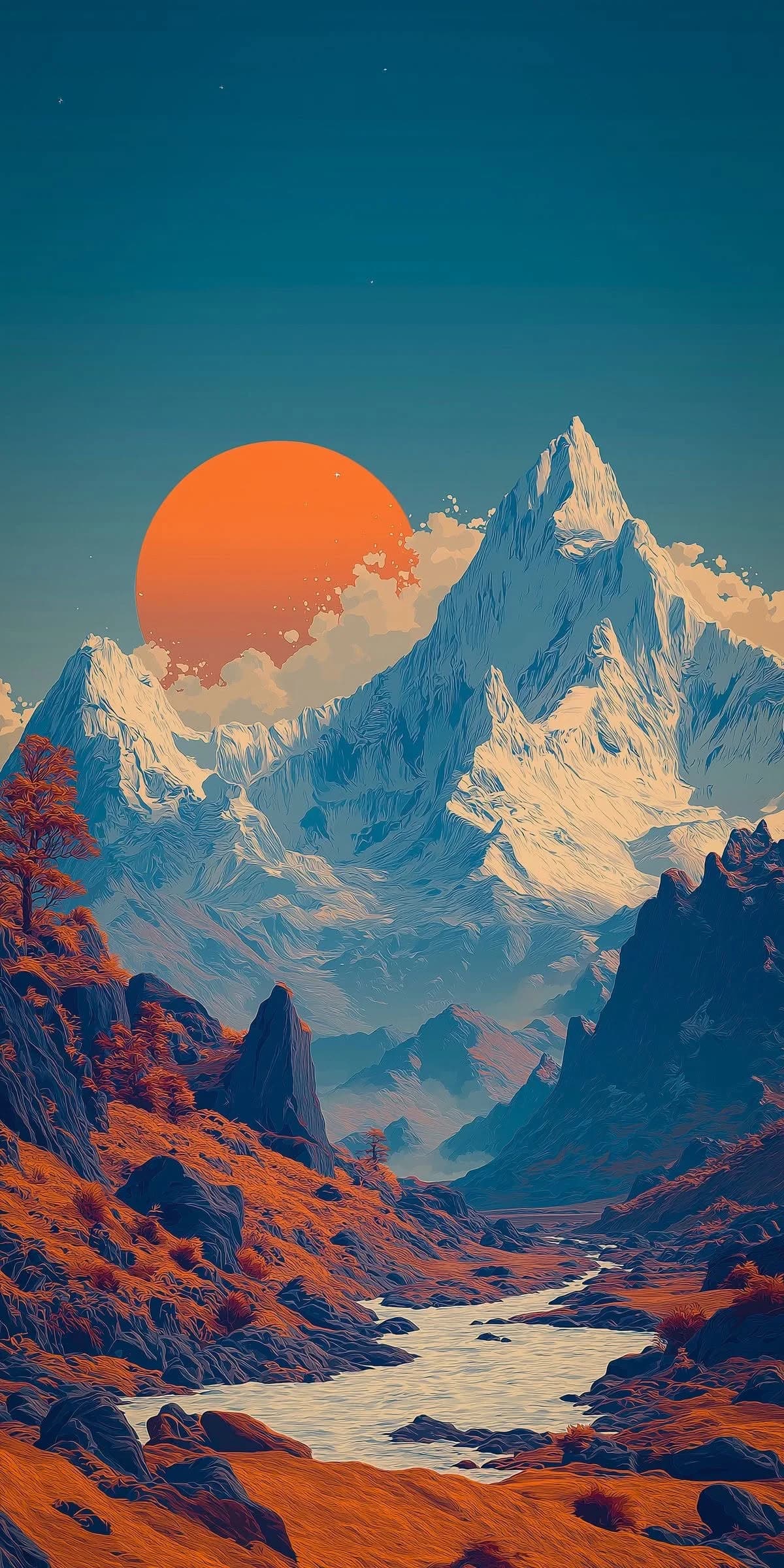 Painting of snowy mountain peaks under a large orange sun, with a river winding through rust-coloured hills